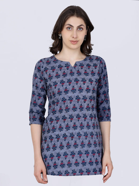 Rabric Premium Cotton Short Top for Women in Grey Floral Print