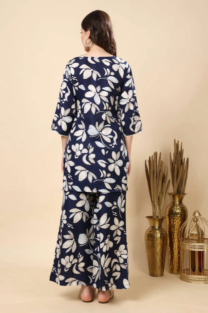 Two-Piece Cotton Slub Co-ord Set with Floral Print – Top and Bottom
