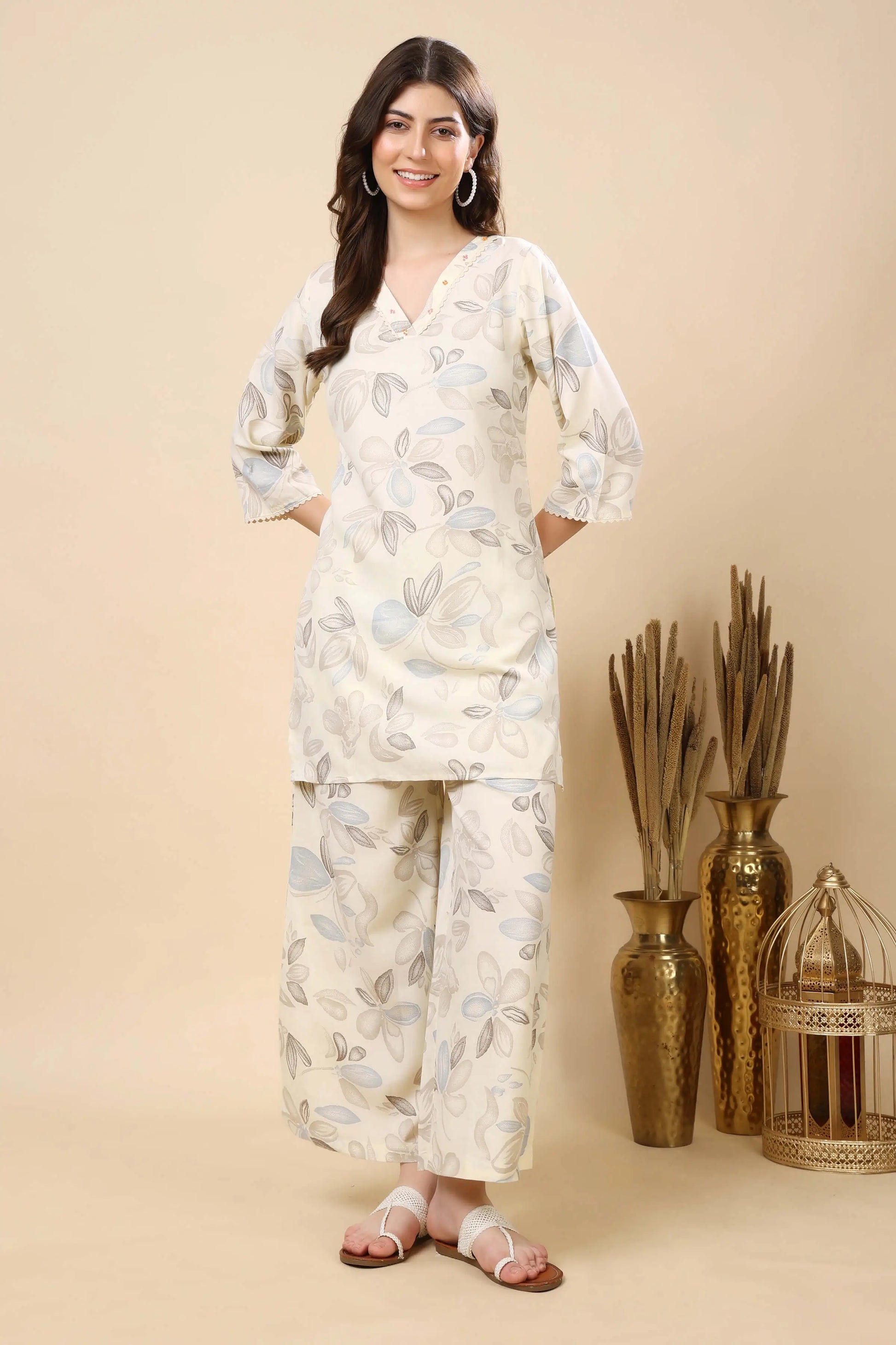 Rabric Premium Cotton Slub Co-ord Set Front View – Cream & Blue Floral