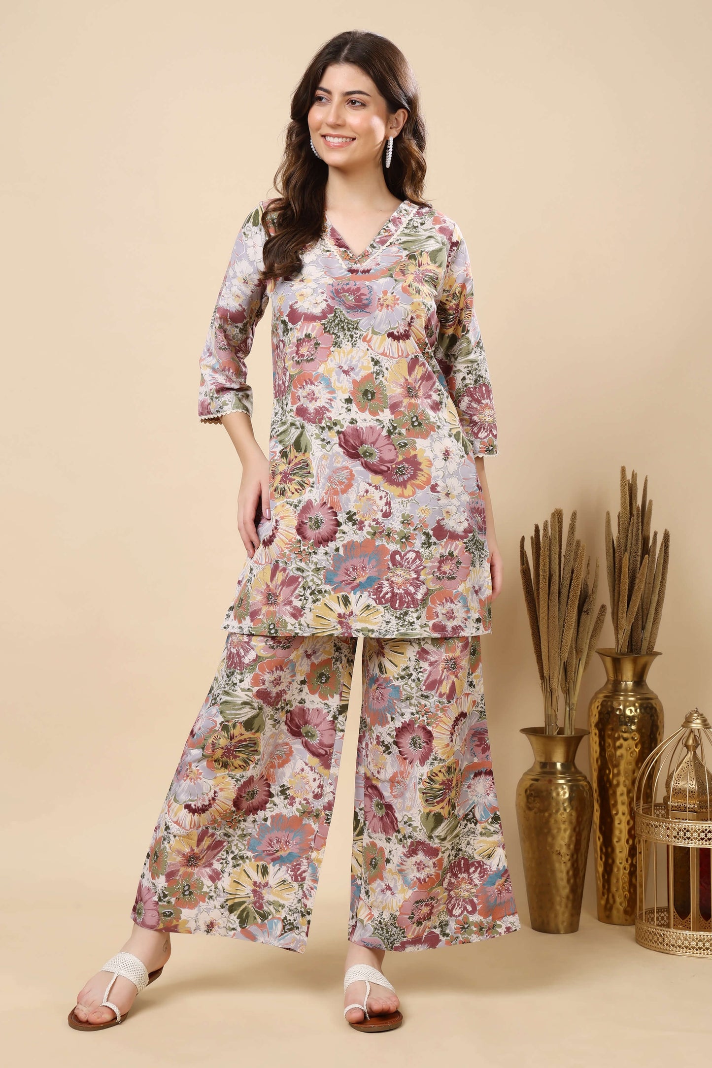 Woman wearing Rabric premium cotton slub floral co-ord set front view