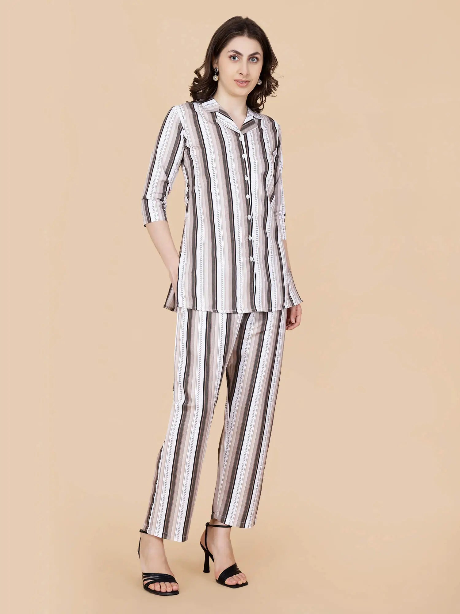Full look of women’s beige striped co-ord set by Rabric
