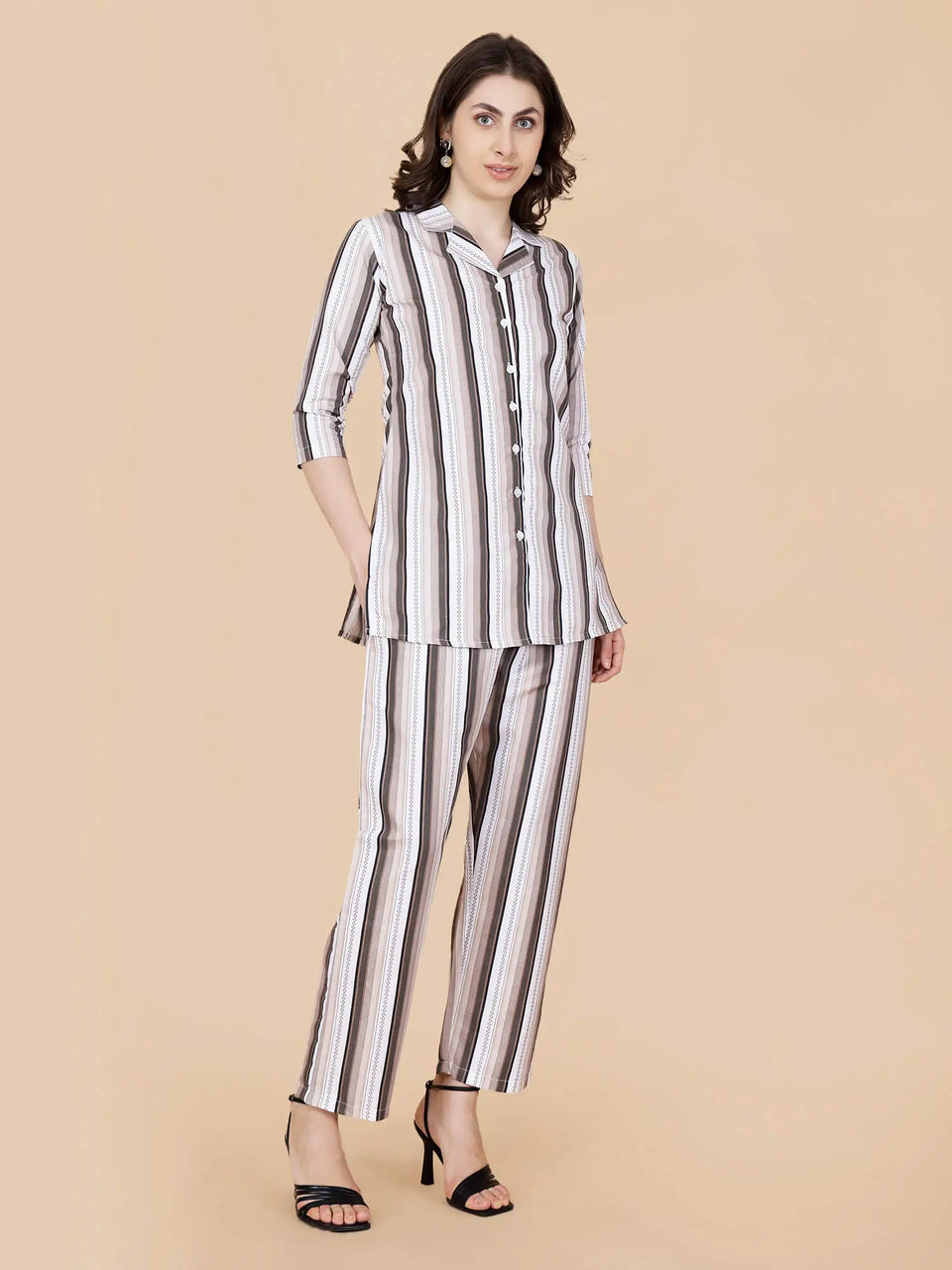 Full look of women’s beige striped co-ord set by Rabric