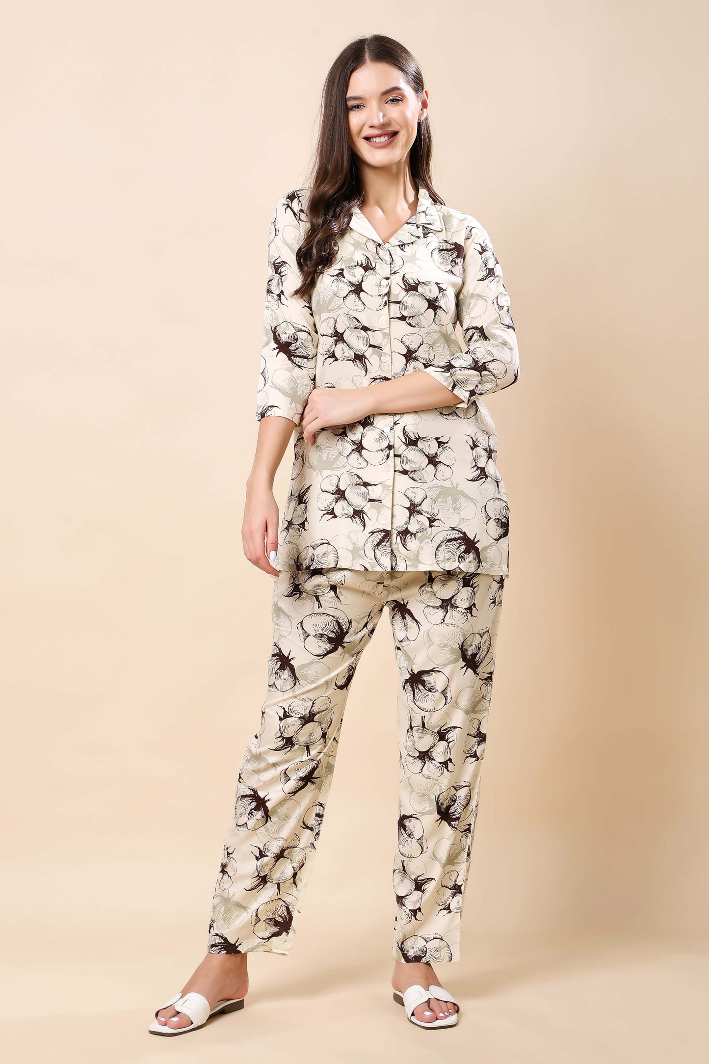 Woman wearing Rabric premium cream floral rayon co-ord set front view