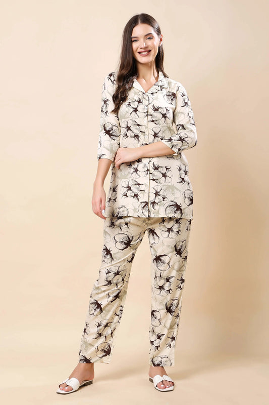 Woman wearing Rabric premium cream floral rayon co-ord set front view