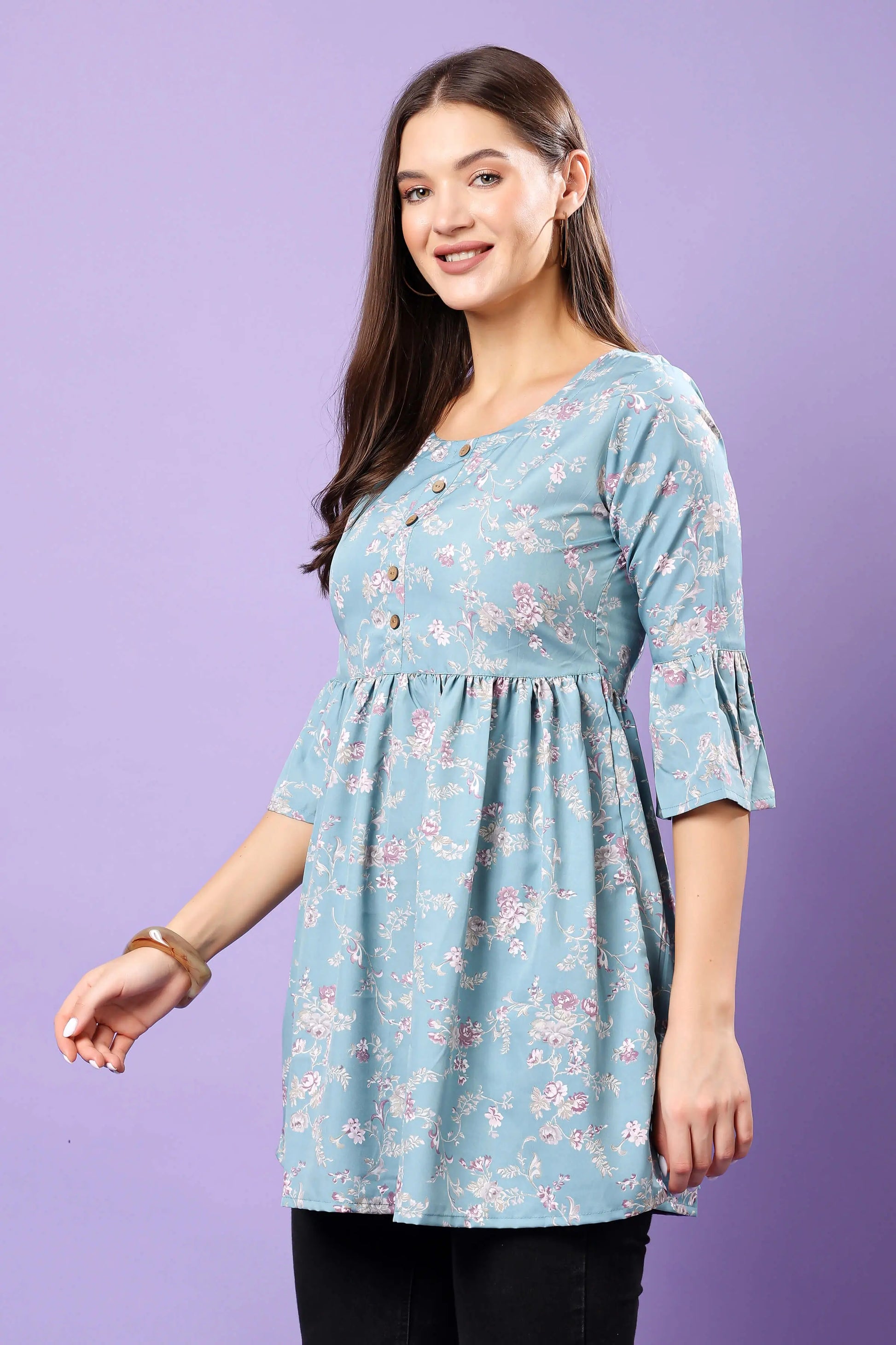 Round Neck Button-Down Short Kurti in Crepe Fabric