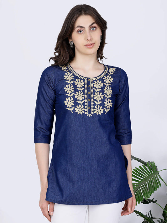 Front view of Rabric premium denim short kurti with embroidery for women