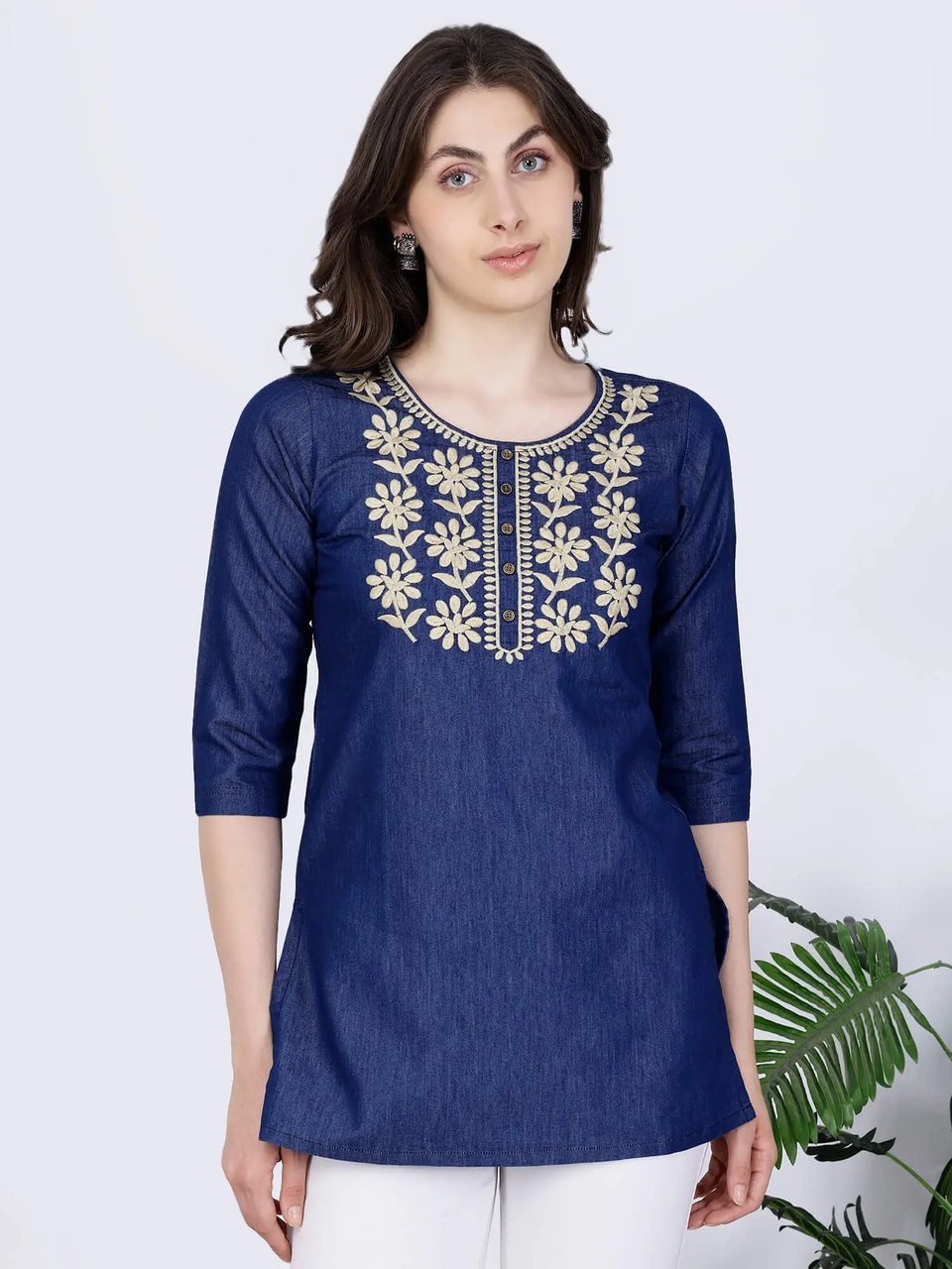 Front view of Rabric premium denim short kurti with embroidery for women