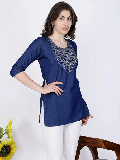 Blue Denim Round Neck Kurti Side Profile – Rabric