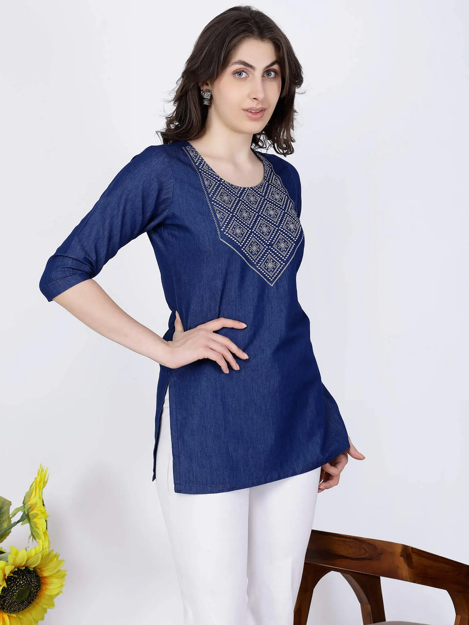 Blue Denim Round Neck Kurti Side Profile – Rabric