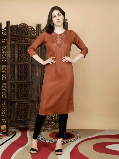 Ethnic Styling with Rabric Rust Brown Tencel Kurti and Black Leggings