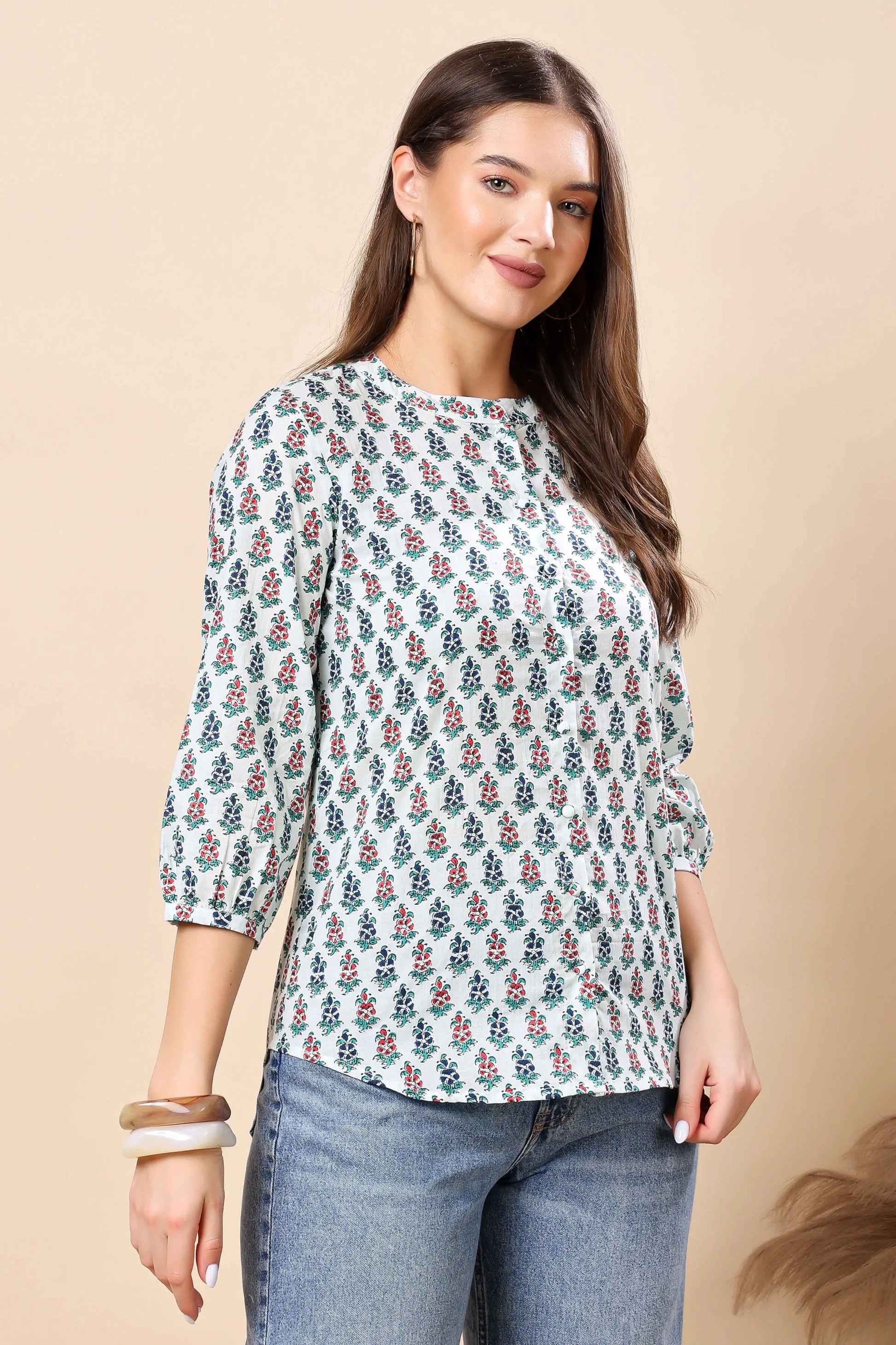 Side view of Rabric Women’s Floral Printed Button Shirt Style Top