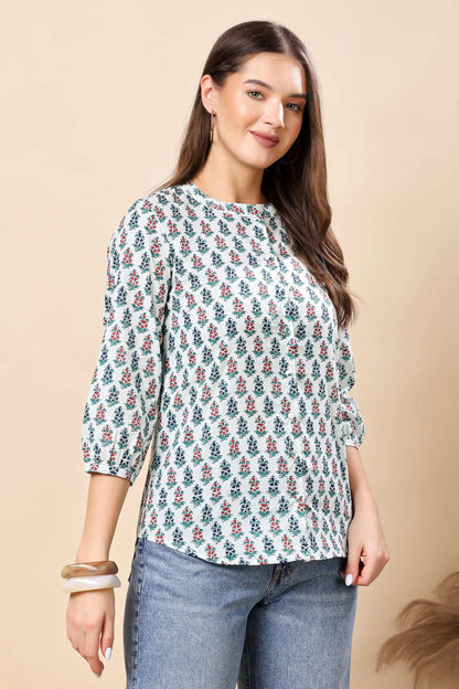 Side view of Rabric Women’s Floral Printed Button Shirt Style Top