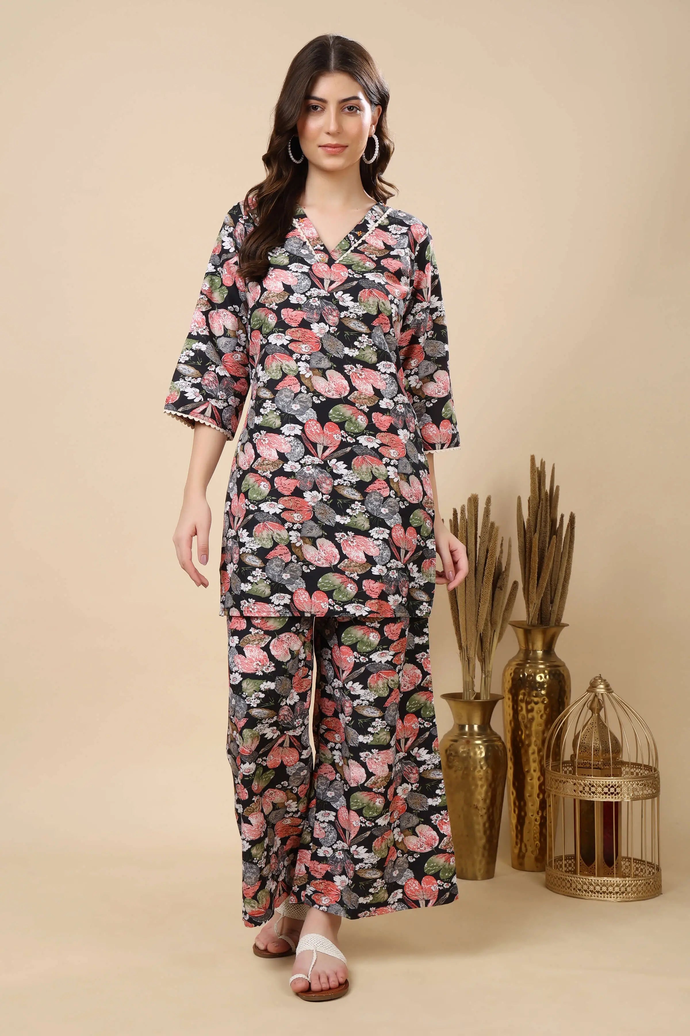 Rabric Premium Cotton Slub Floral Co-ord Set for Women – Front View