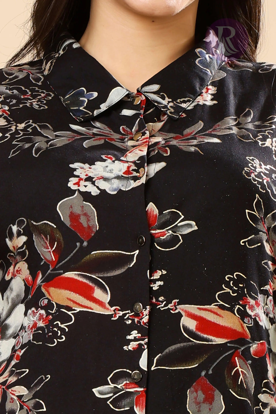 Rabric Premium Rayon Floral Black Co-ord Set for Women | Stylish Collar Top & Comfortable Pants with Pocket