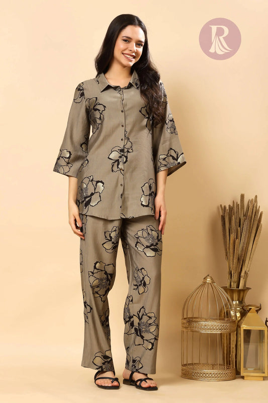 Rabric Premium Beige Floral Co-ord Set Front View