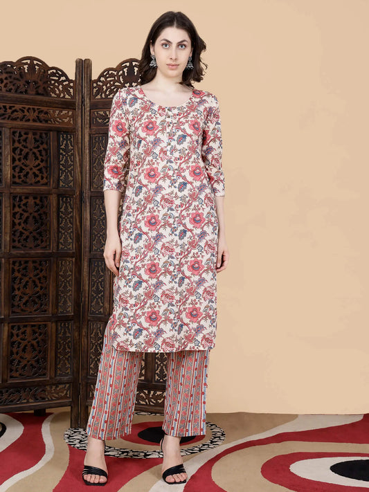 Rabric premium floral cotton kurti and pant set for women