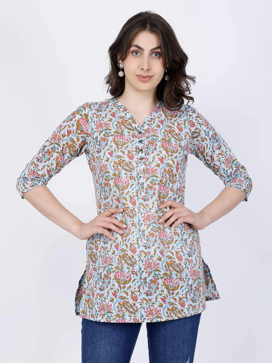 Premium Floral Cotton Short Kurti Front View by Rabric