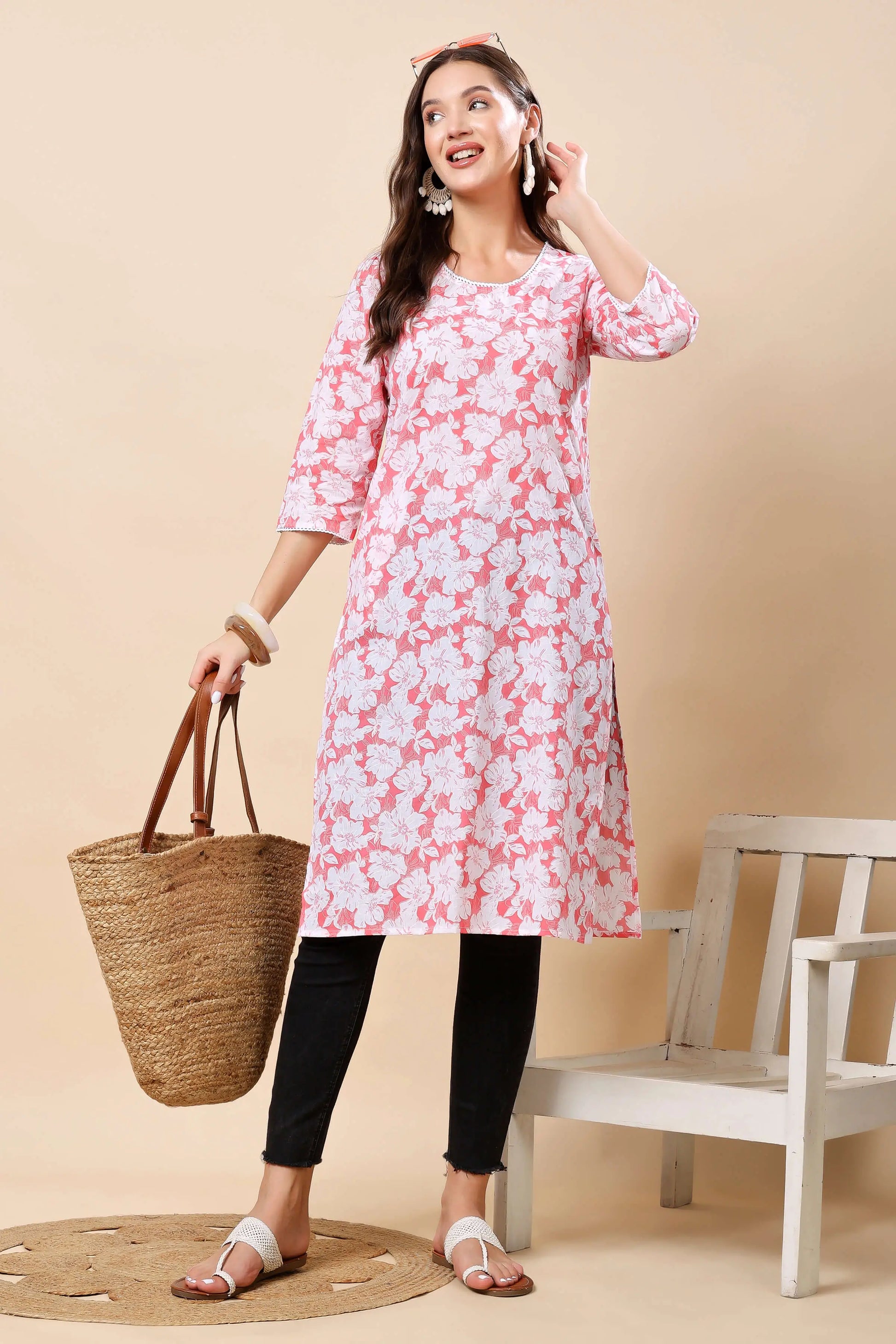 Women’s Ethnic Floral Print Kurti in Pink and White by Rabric