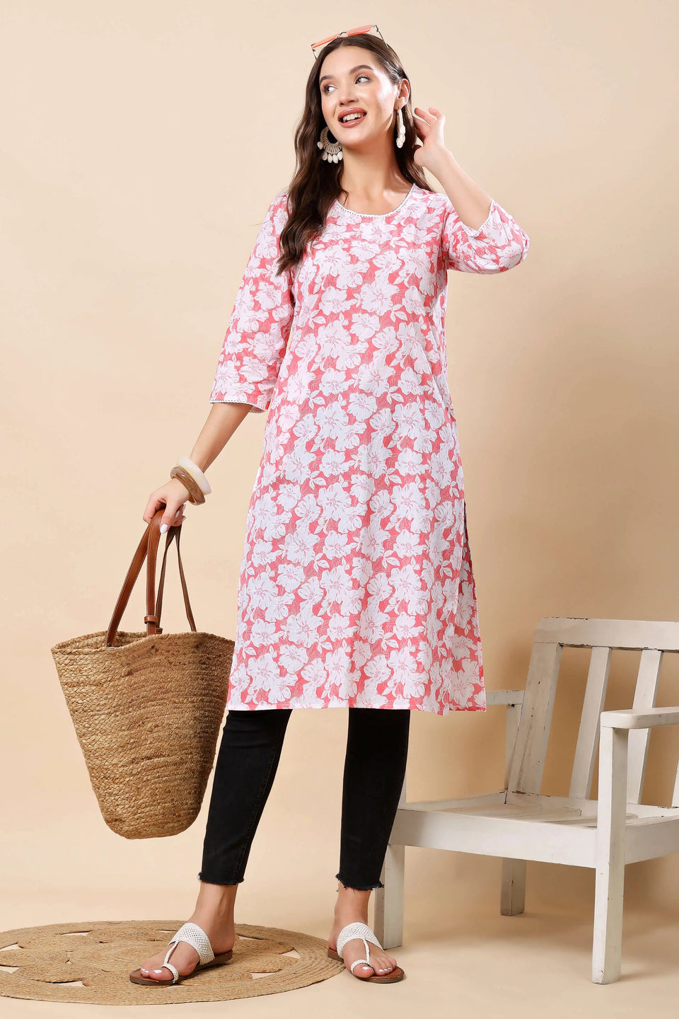 Women’s Ethnic Floral Print Kurti in Pink and White by Rabric