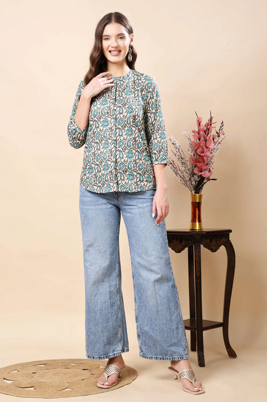 Rabric Women’s Premium Floral Printed Short Top Front View – Teal on Beige