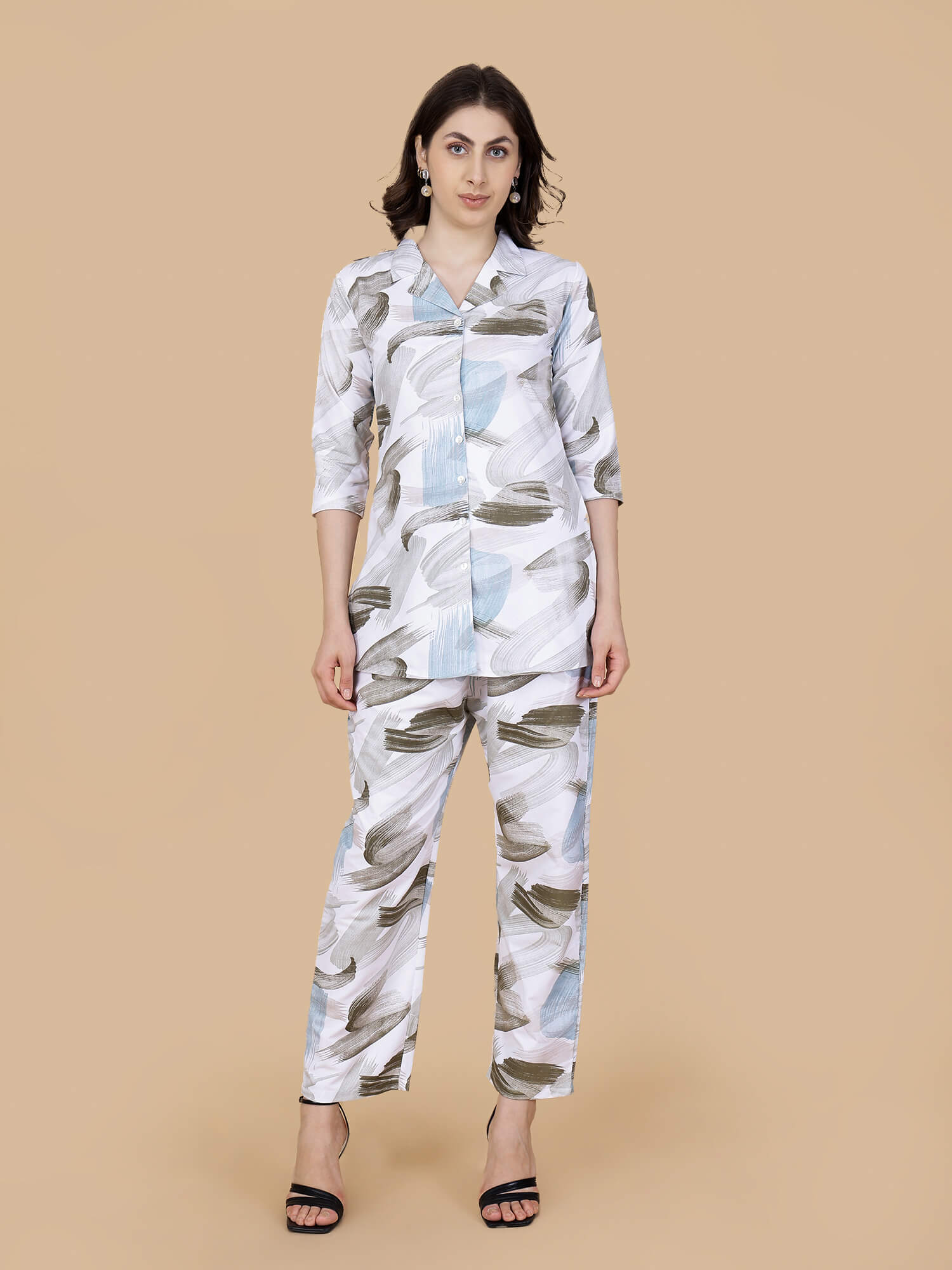 Woman wearing Rabric premium glace cotton co-ord set front view