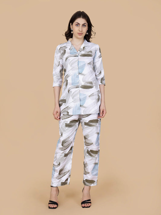 Woman wearing Rabric premium glace cotton co-ord set front view