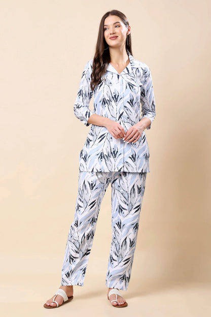 Rabric Premium Glace Cotton Blue Leaf Printed Co-ord Set Front View