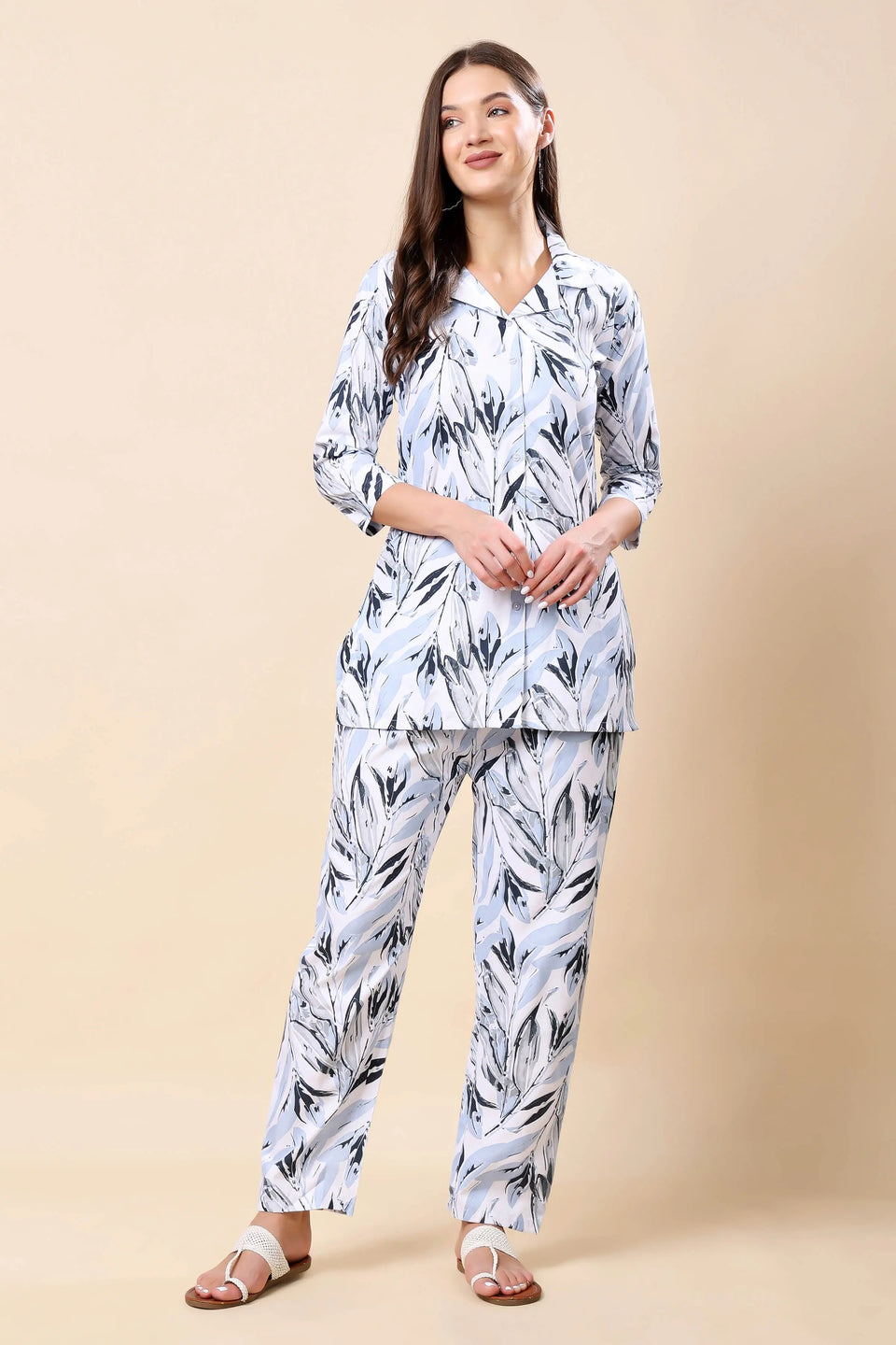 Rabric Premium Glace Cotton Blue Leaf Printed Co-ord Set Front View
