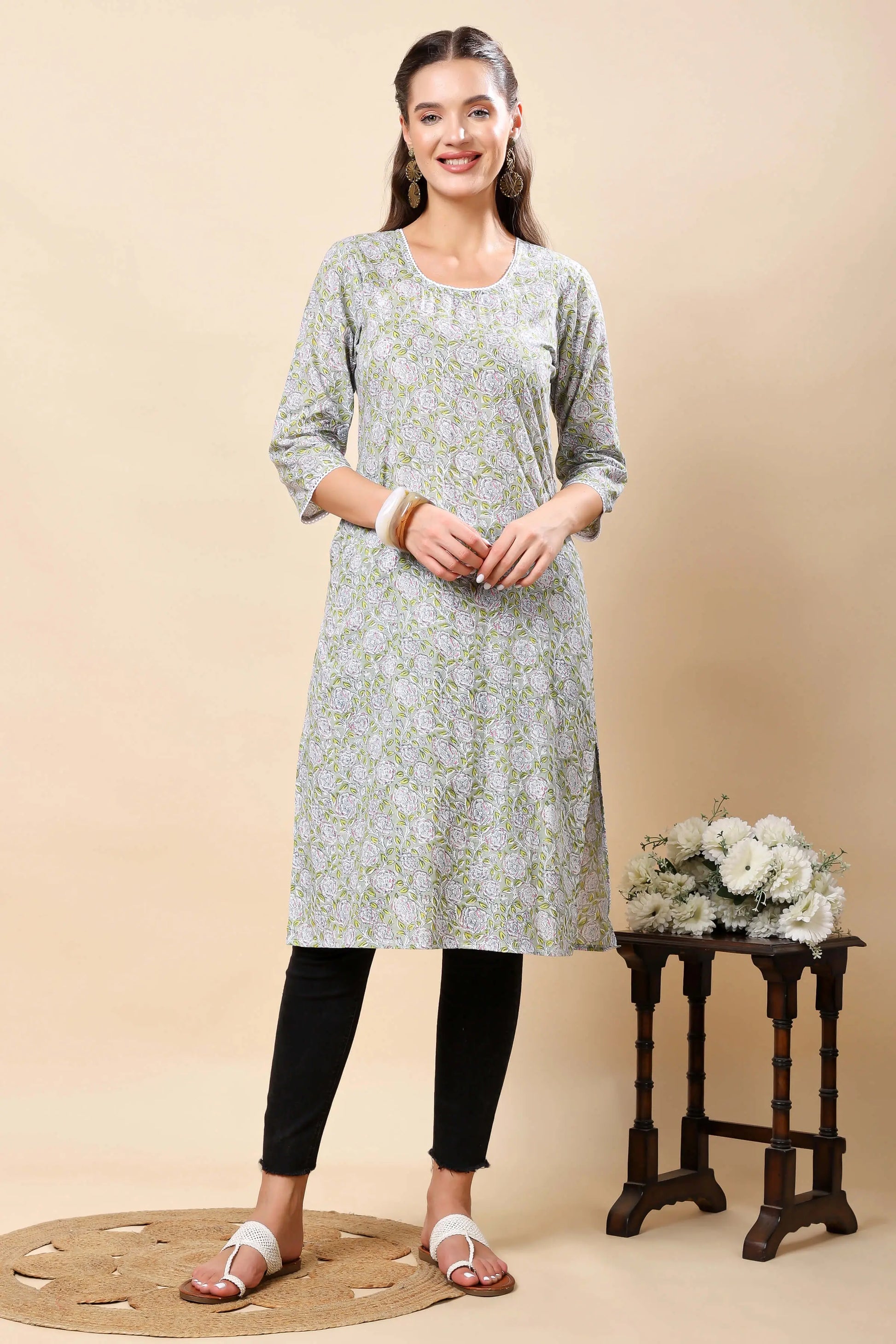 Rabric Premium Green Floral Printed Long Cotton Kurti Front View