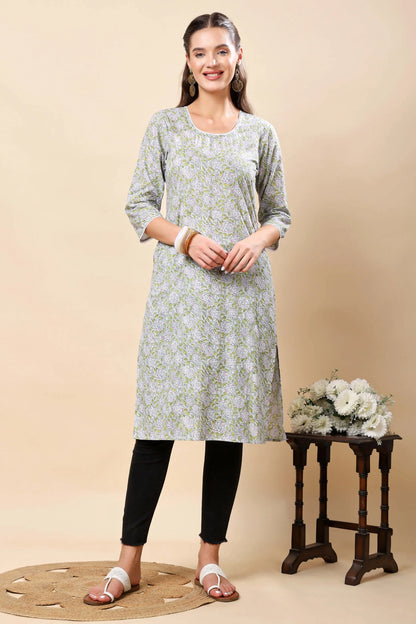 Rabric Premium Green Floral Printed Long Cotton Kurti Front View