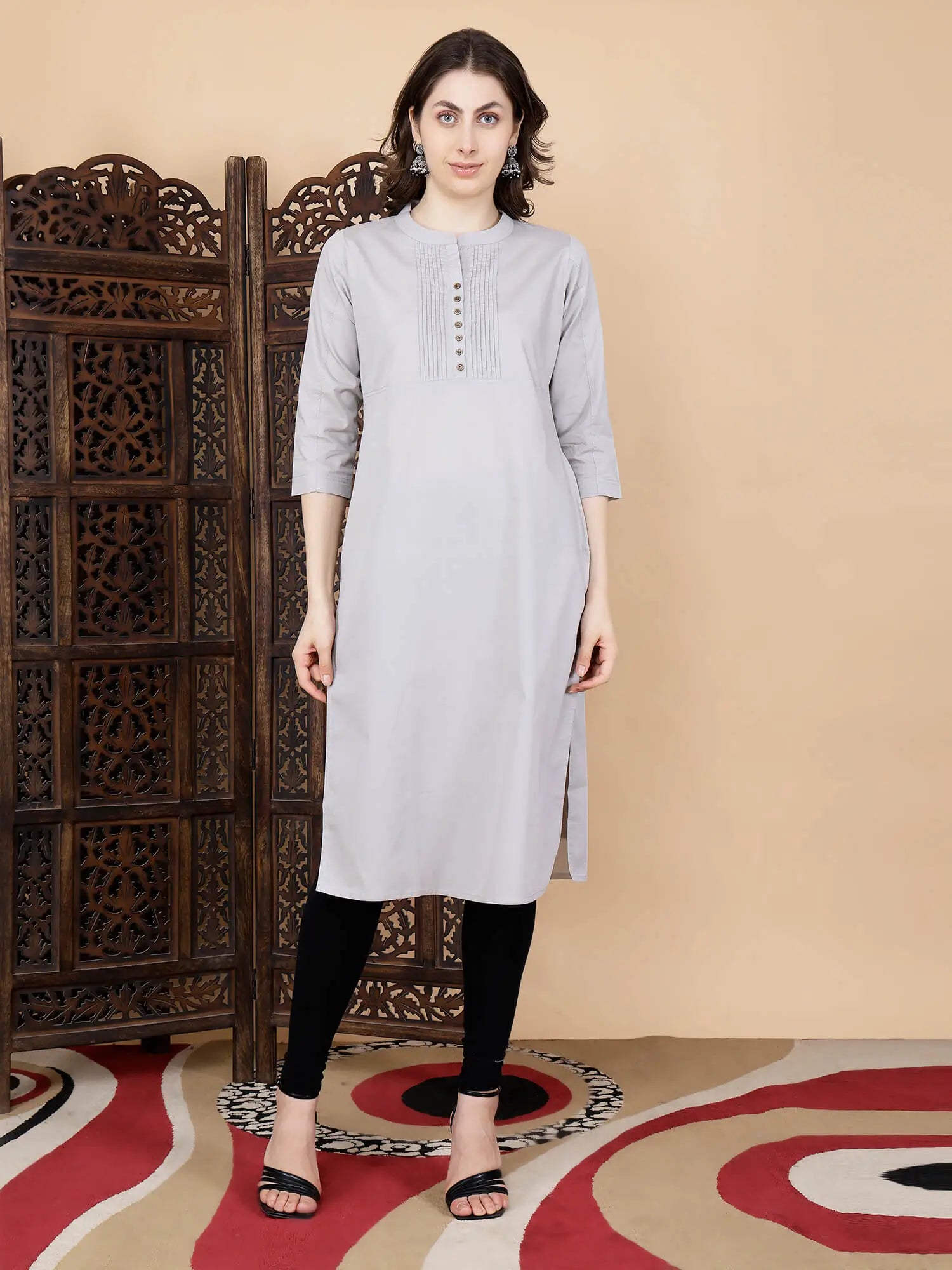 Rabric premium grey long cotton kurti for women front view