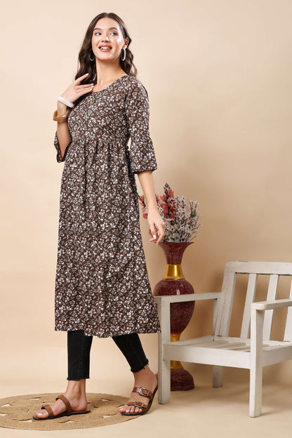 Flatlay Display of Rabric Brown Floral Kurti with Wooden Buttons
