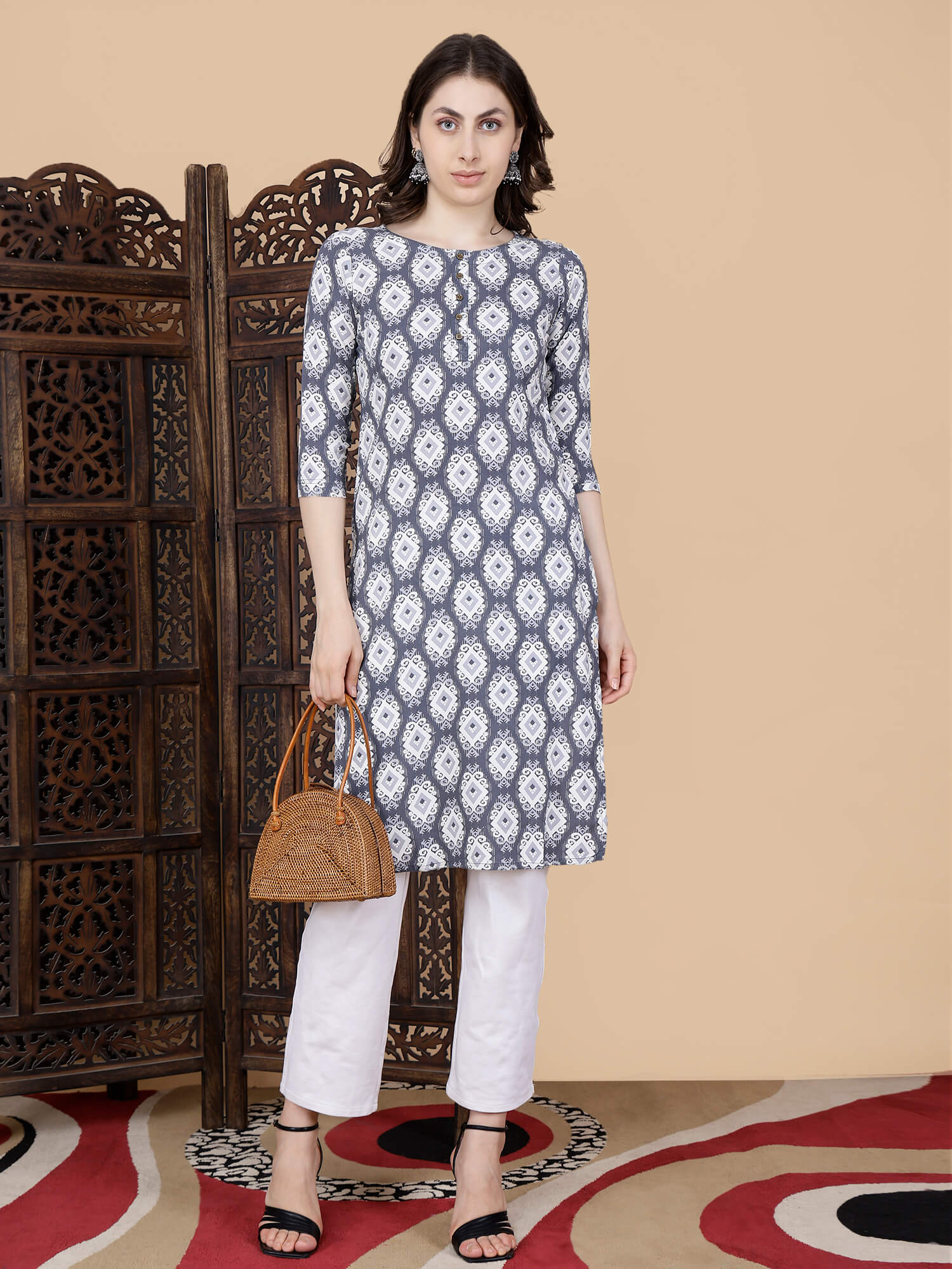 Styled Look of Rabric Grey and White Printed Kurti Set for Women