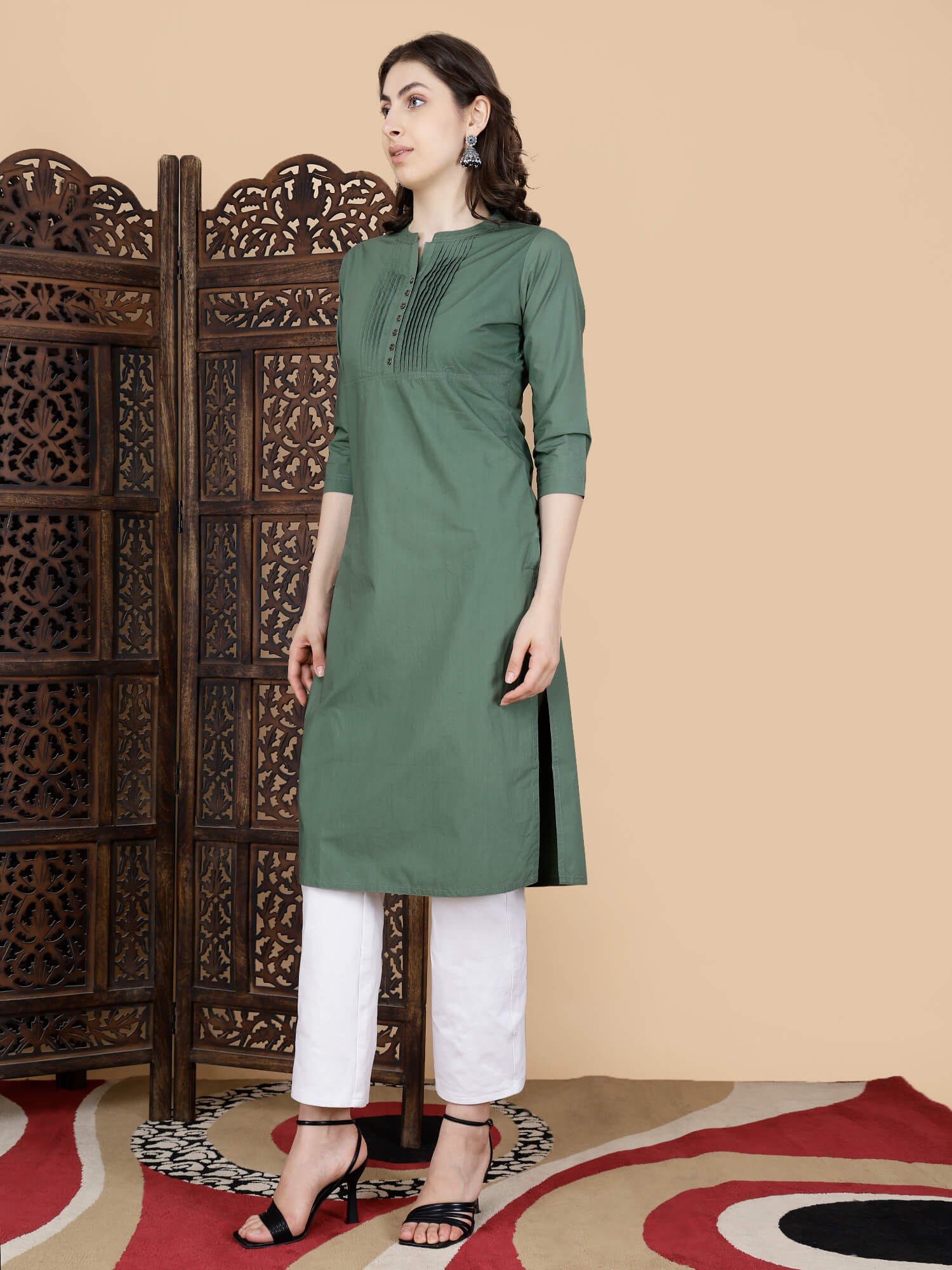 Side profile of Rabric Olive Green Cotton Kurti