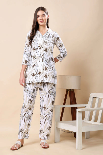 Rabric Premium Light Yellow Leaf Print Cotton Co-ord Set for Women