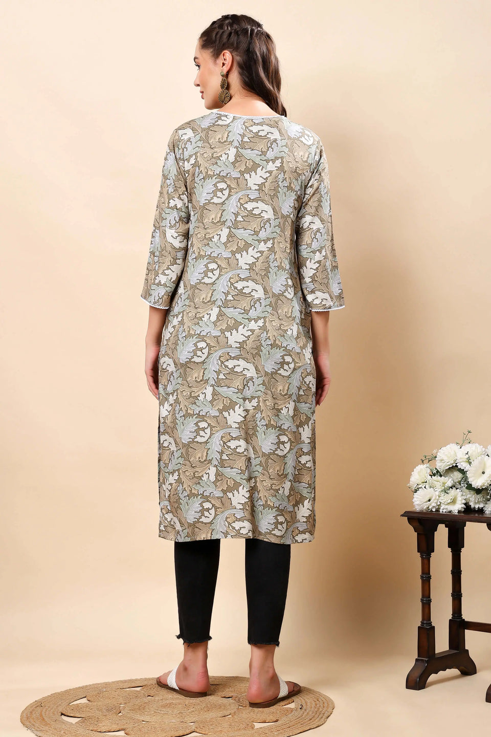 Back View of Rabric Beige Floral Cotton Kurti for Women