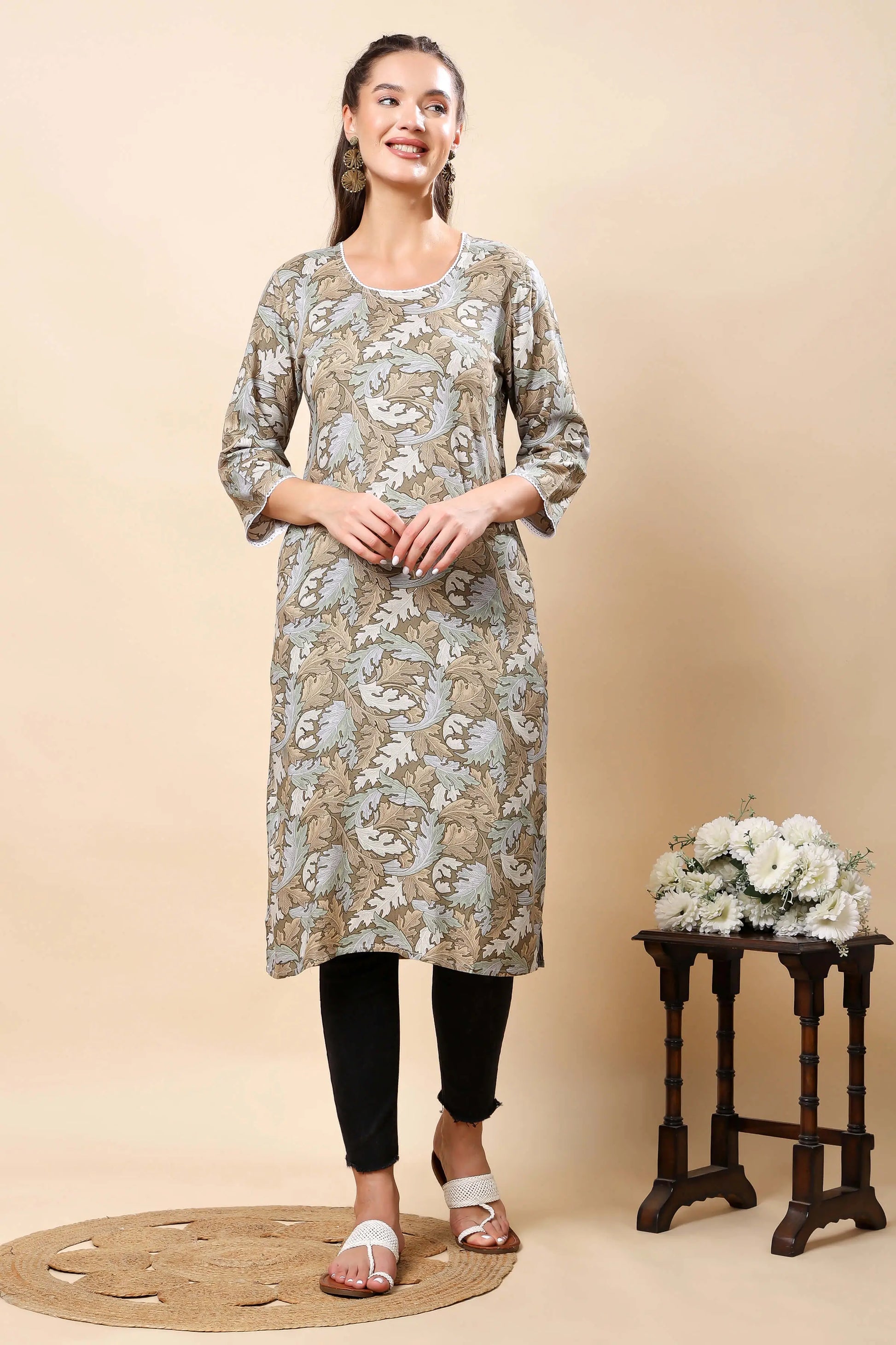 Rabric Premium Beige Cotton Long Kurti with Floral Print – Front View