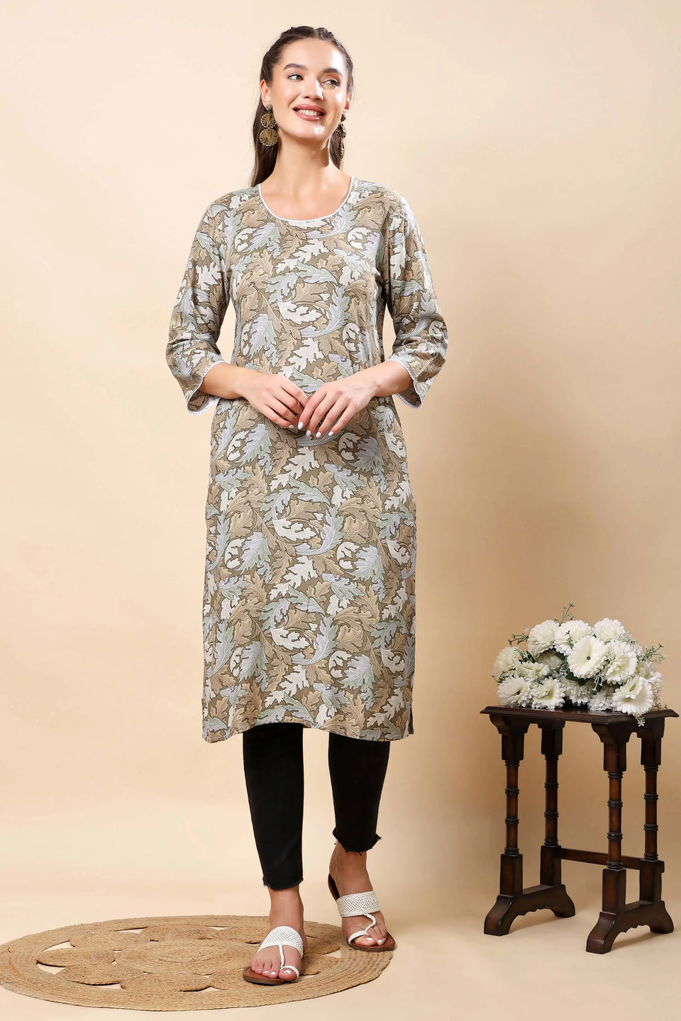 Rabric Premium Beige Cotton Long Kurti with Floral Print – Front View