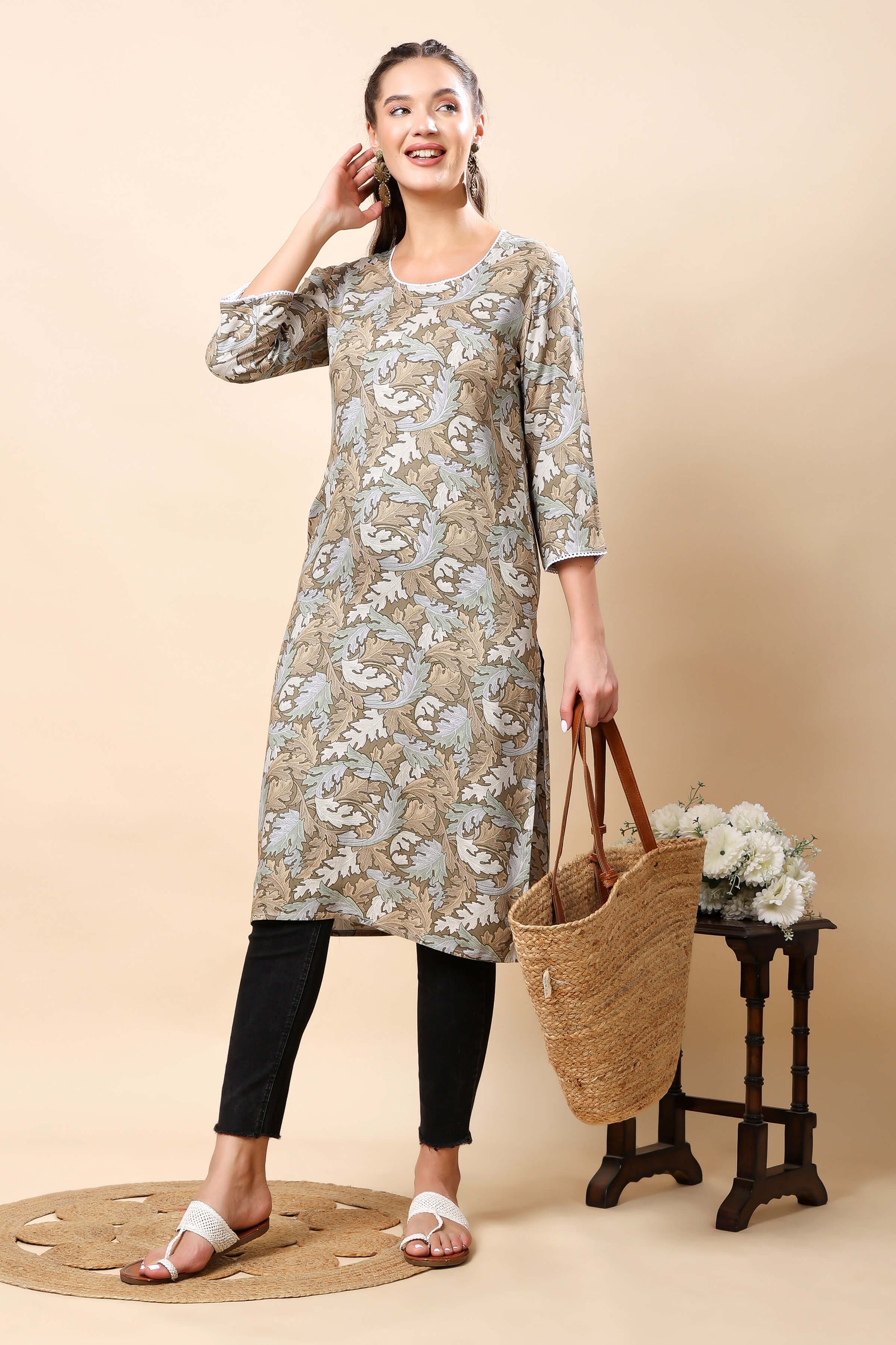 Lifestyle Image of Woman Wearing Rabric Premium Printed Kurti
