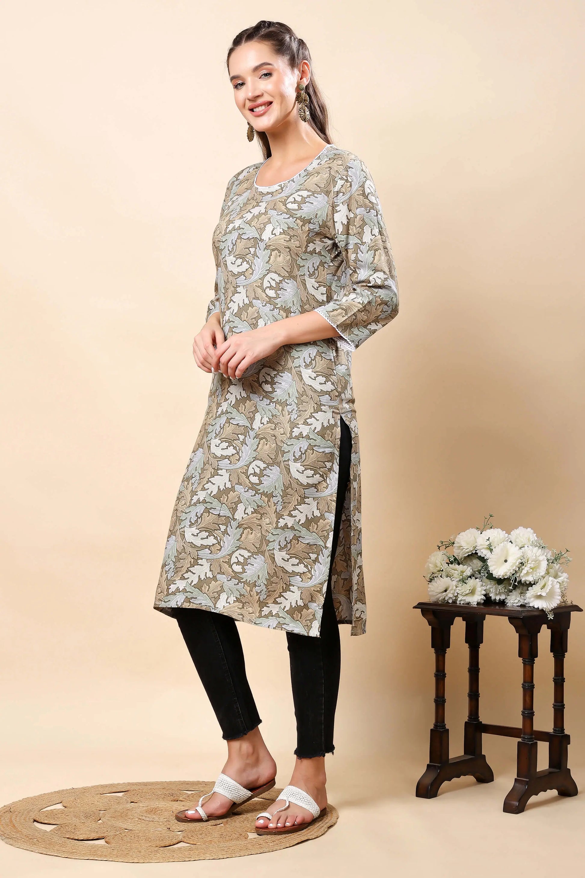 Side View of Beige and Blue Floral Cotton Kurti by Rabric