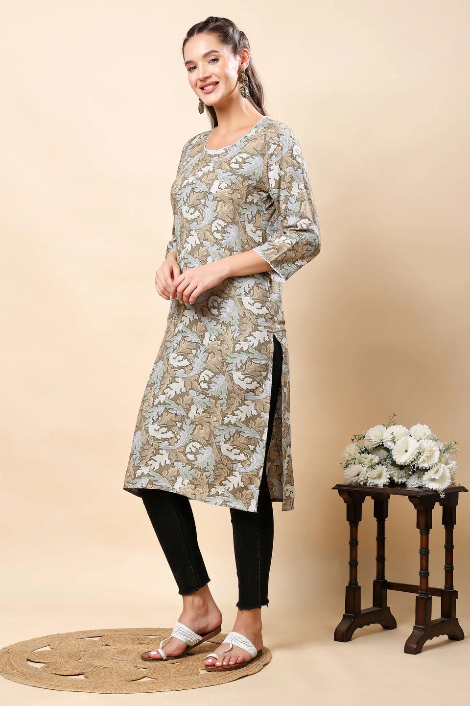 Side View of Beige and Blue Floral Cotton Kurti by Rabric
