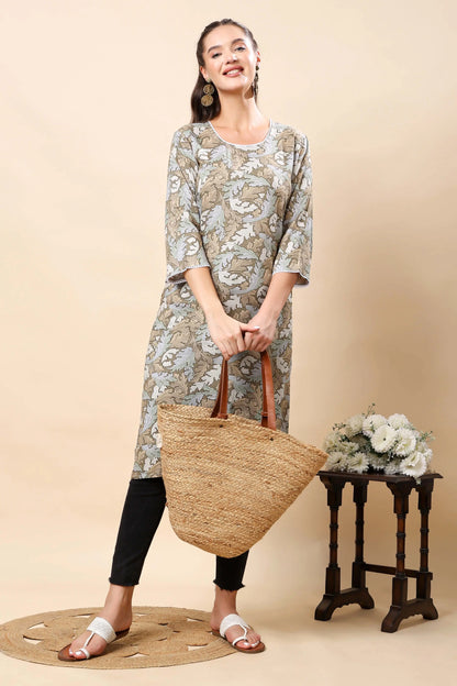 Lifestyle Image of Woman Wearing Rabric Premium Printed Kurti