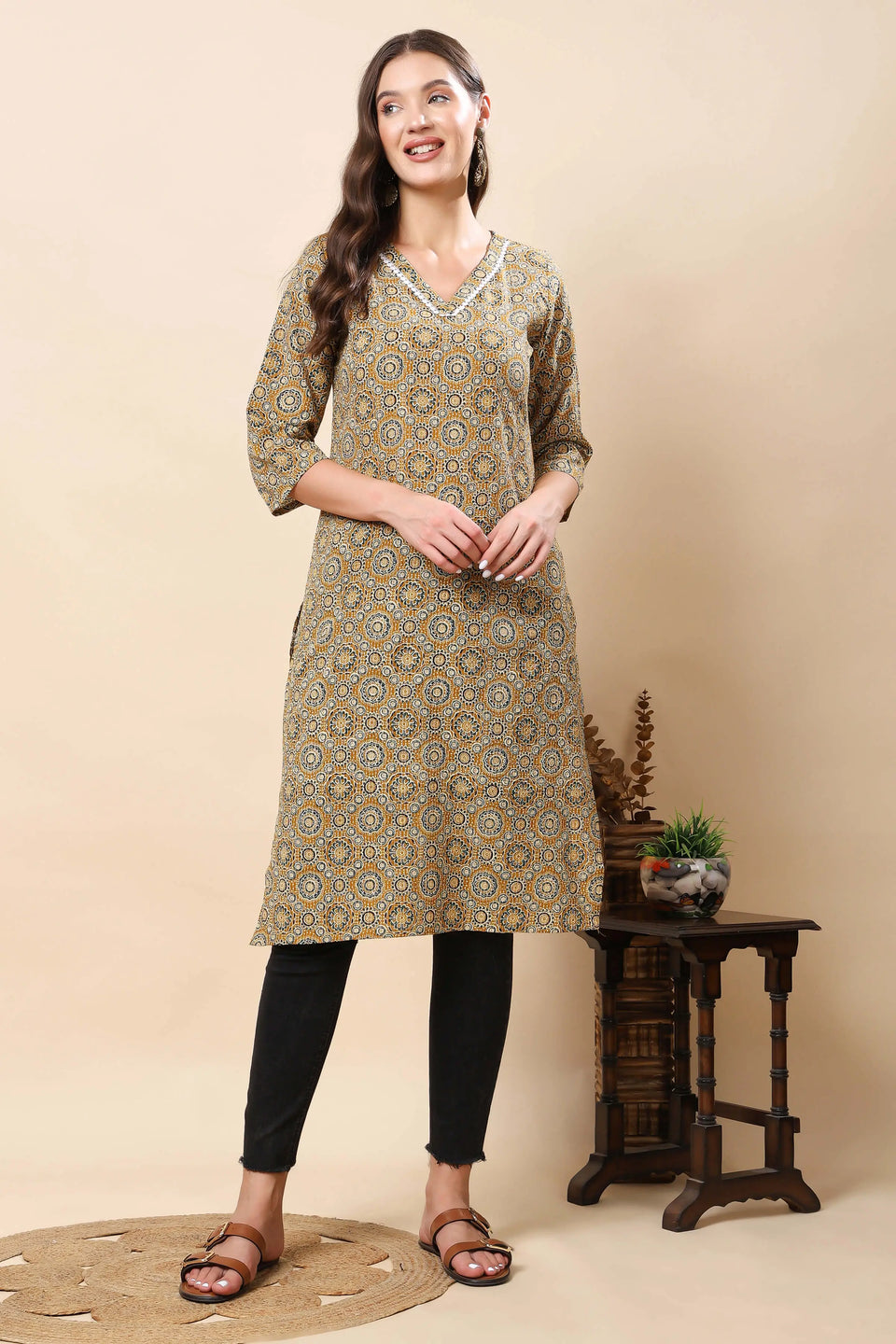 Rabric premium long kurti in mustard yellow front view