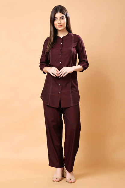 Rabric Premium Maroon Co-ord Set for Women in Vertican Fabric