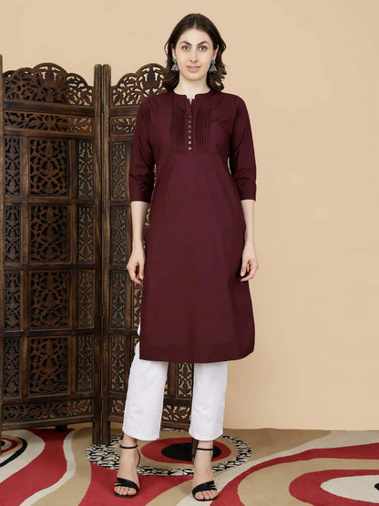 Rabric Women’s Premium Maroon Long Kurti Front View in Poplin Cotton