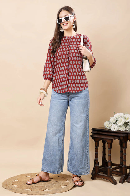 Trendy Women’s Maroon Short Top Paired with Jeans