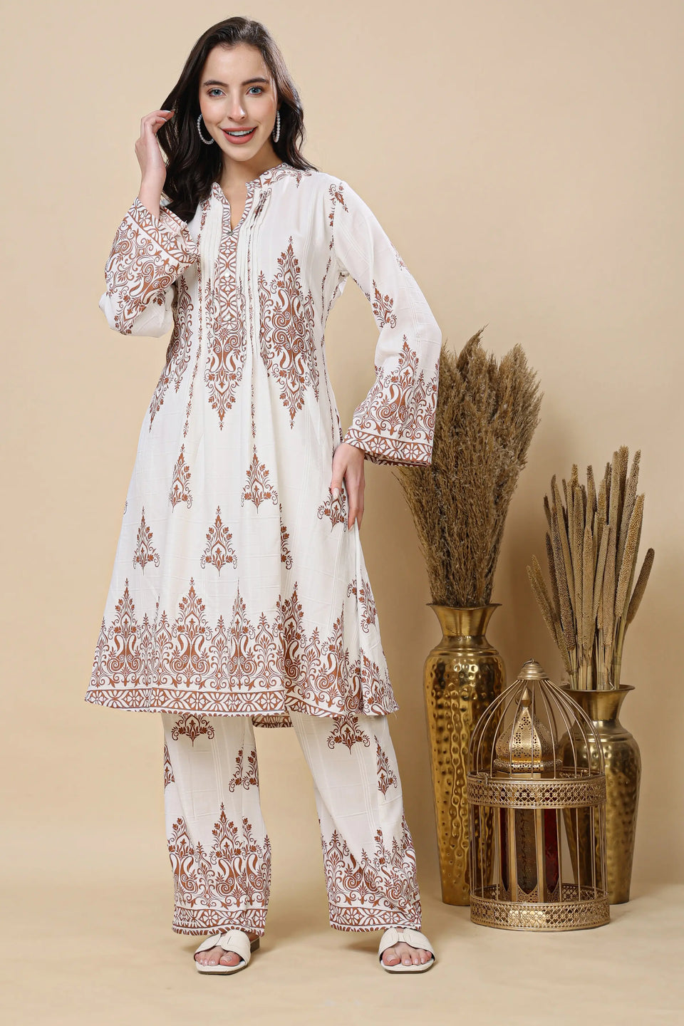 Rabric Premium Mul Cotton Floral Co-ord Set for Women – White & Brown Printed Long Kurti with Straight Pants | Breathable Summer Ethnic Co-ord Set