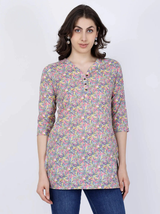 Rabric Multicolor Cotton Short Kurti for Women Front View