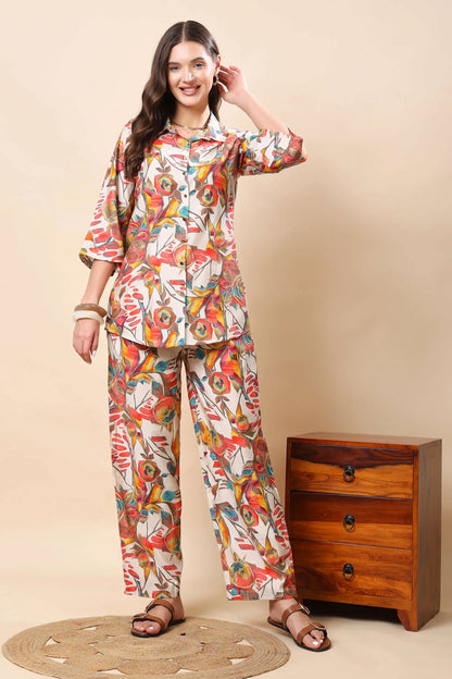 Rabric Premium Muslin Co-ord Set front view with floral abstract print
