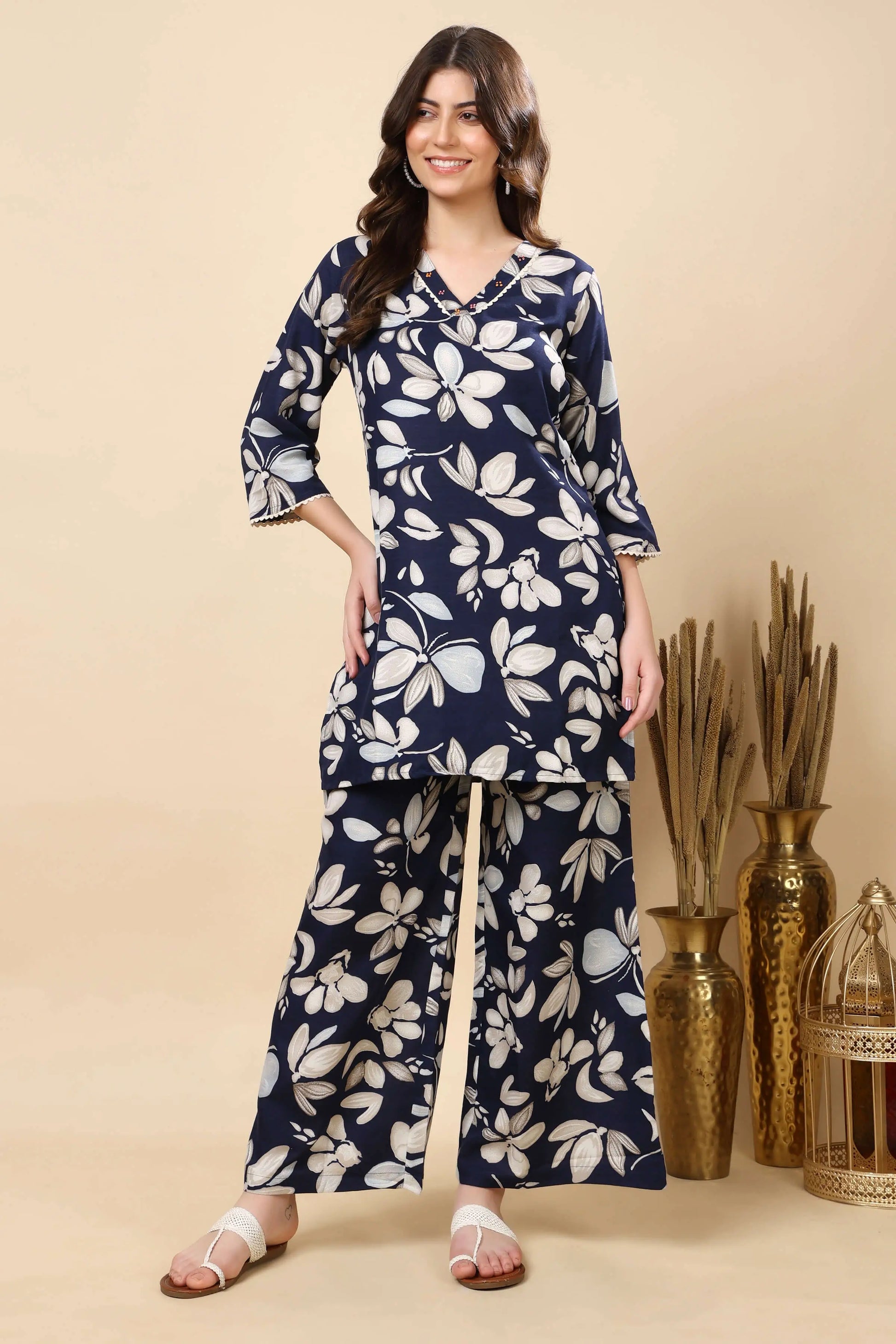 Rabric Premium Navy Blue Floral Cotton Slub Co-ord Set for Women – Front View